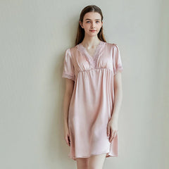 Silk Nightgown - Lace Short Sleeves Chest Pads Elegant Sleepwear