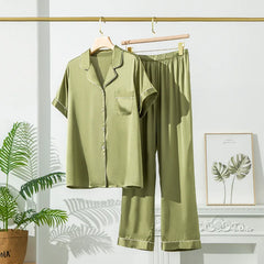 Silk Pajamas - Short Sleeve Turn Down Collar Nightwear 