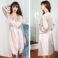 Silk Nightgown - Sexy Lace Long Sleeve French Robe - LANI SILK 