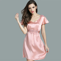 Silk Nightgown - Short Sleeves Ruffle Embroidered Sleepwear