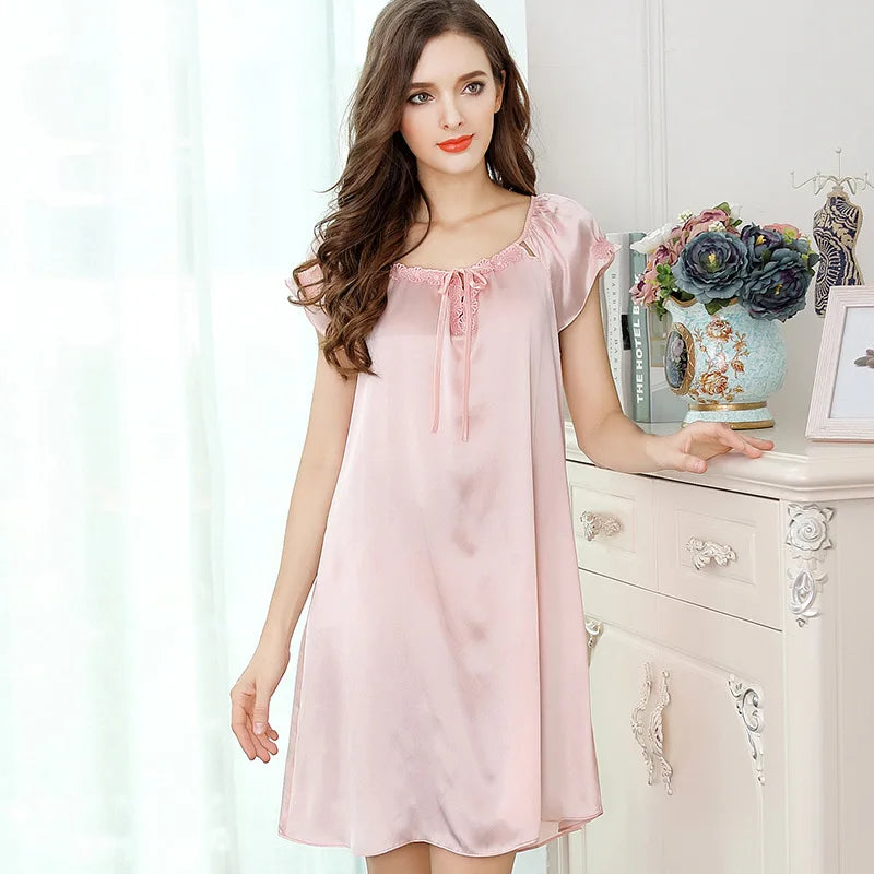 Silk Nightgown - Elegant Lace Short Sleeve & Simple Sleepwear