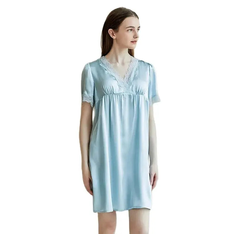 Silk Nightgown - Lace Short Sleeves Chest Pads Elegant Sleepwear