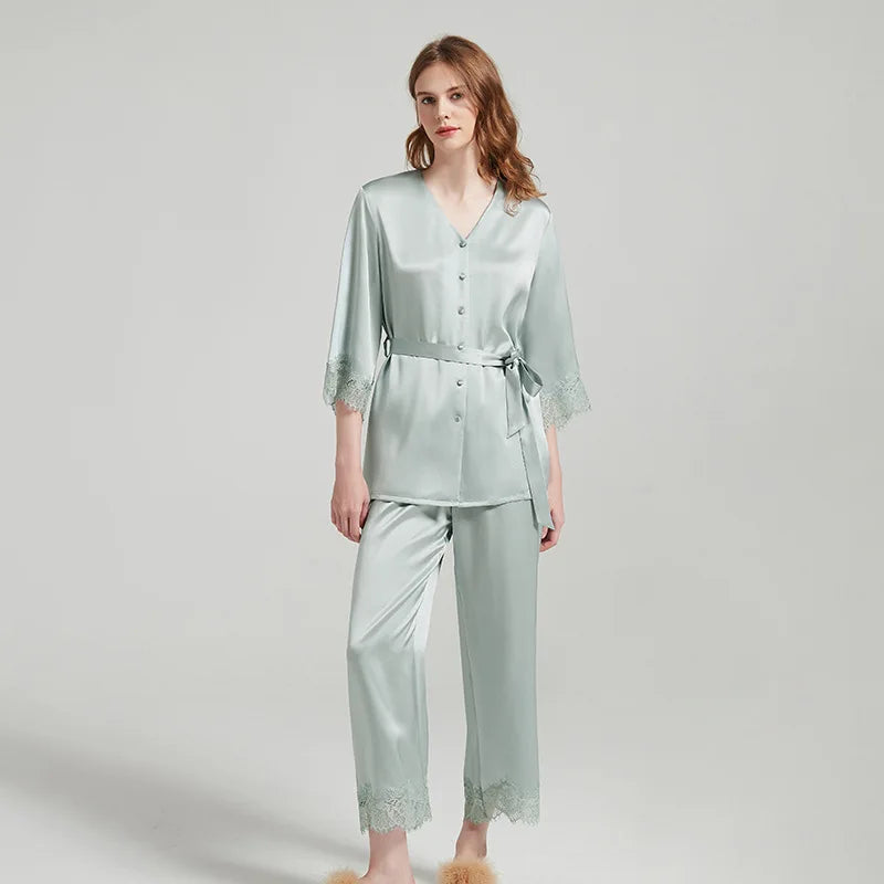 Silk Pajamas - Sleeves Long Pants Elegant Homewear