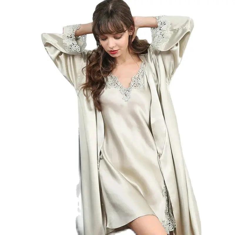 Silk Nightgown - Sexy Lace Long Sleeve French Robe - LANI SILK 