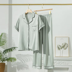 Silk Pajamas - Short Sleeve Turn Down Collar Nightwear 