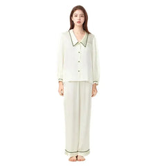 Silk Pajamas Women Long Sleeve Pants French Embroidery Sweet Homewear