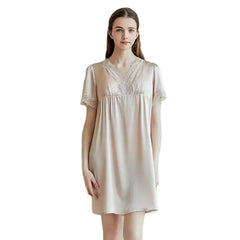 Silk Nightgown - Lace Short Sleeves Chest Pads Elegant Sleepwear