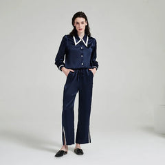 Silk Pajamas - Long Sleeve Turndown Collar Breathable Loungewear