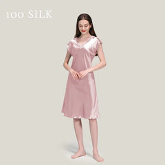 Silk Nightgown - Short Sleeve V Neck Sexy Sleep Dress