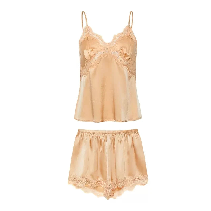 Silk Pajamas - Natural Spaghetti Strap Top & Shorts Lace