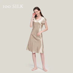 Silk Nightgown - Short Sleeve V Neck Sexy Sleep Dress