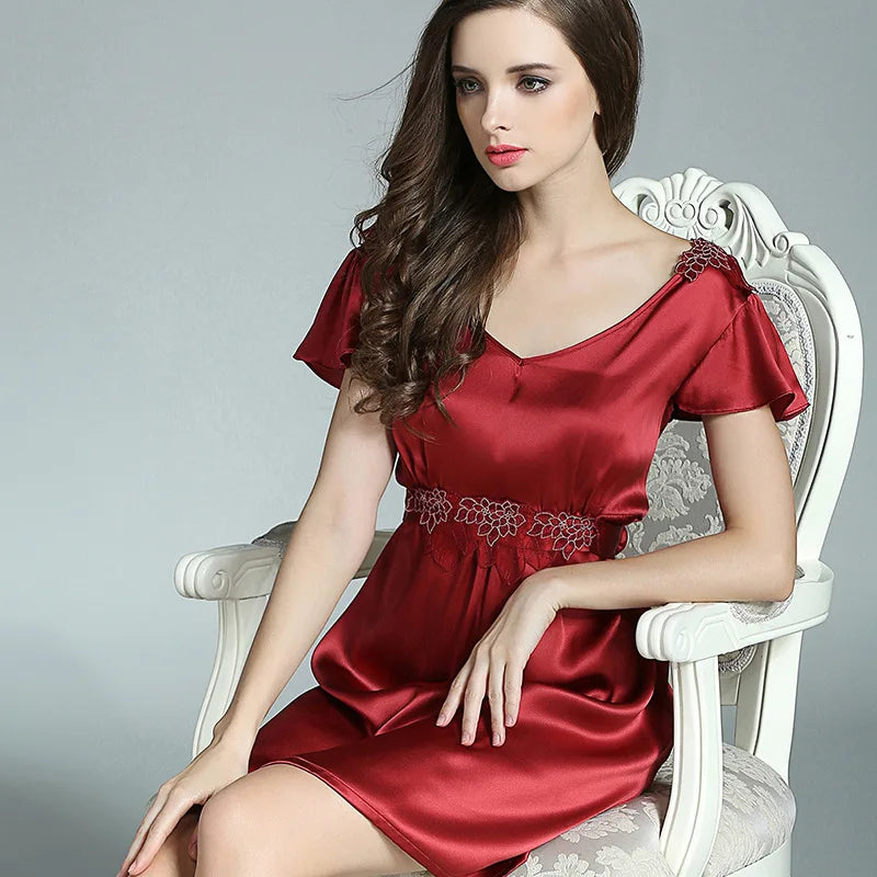 Silk Nightgown - Short Sleeves Ruffle Embroidered Sleepwear