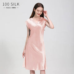 Silk Nightgown - Short Sleeve V Neck Sexy Sleep Dress