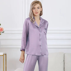 Silk Pajamas - Pure Piece Set Long Sleeves Soft Elegant Sleepwear 