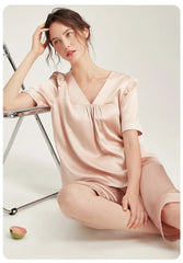 Silk Pajamas - Short Sleeve Ruched Casual Long Pants