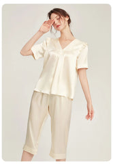 Silk Pajamas - Short Sleeve Ruched Casual Long Pants