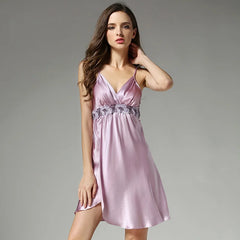 Silk Nightgown - Spaghetti Straps Lace Summer Sleepwear 2025