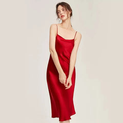 Silk Dress Homewear Sexy Sling Solid V Neck Skin-friendly Night Skirt