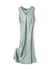 Silk Dress Women Long V Sleeveless Tank Spring Summer Clothes Green