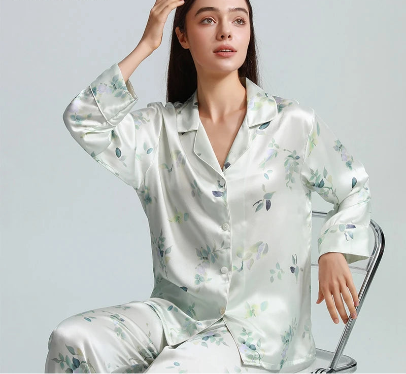 Silk Pajamas Printed Female Summer Long-sleeved Home Suit