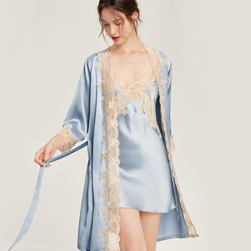 100% Real Silk Bathrobe Set Women Luxury 19Momme Kimono Nightgown