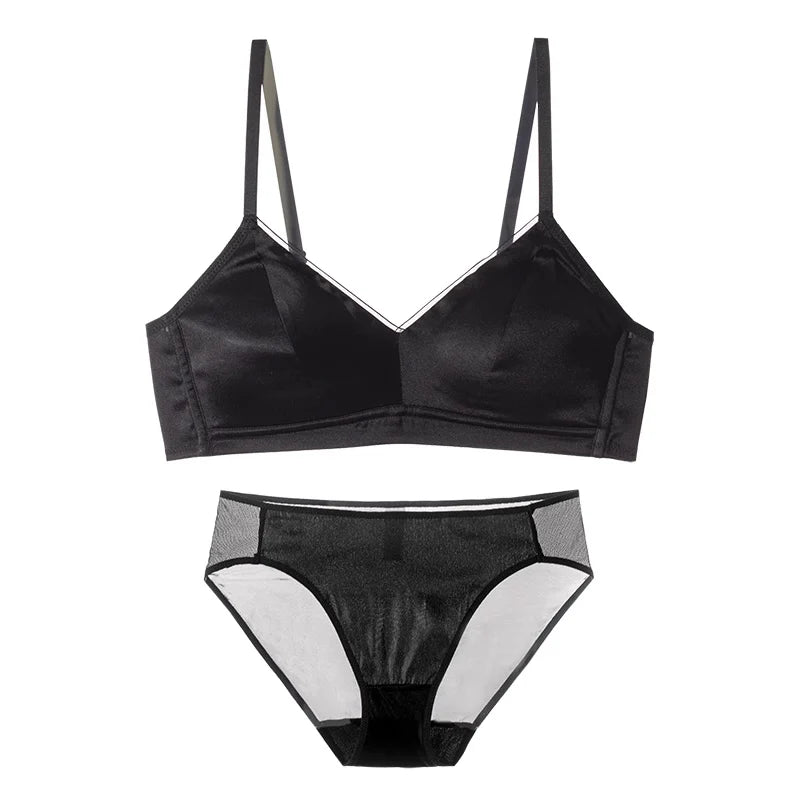 Silk Bra Set Thin Mold Cup Wire-Free Underwear White & Black