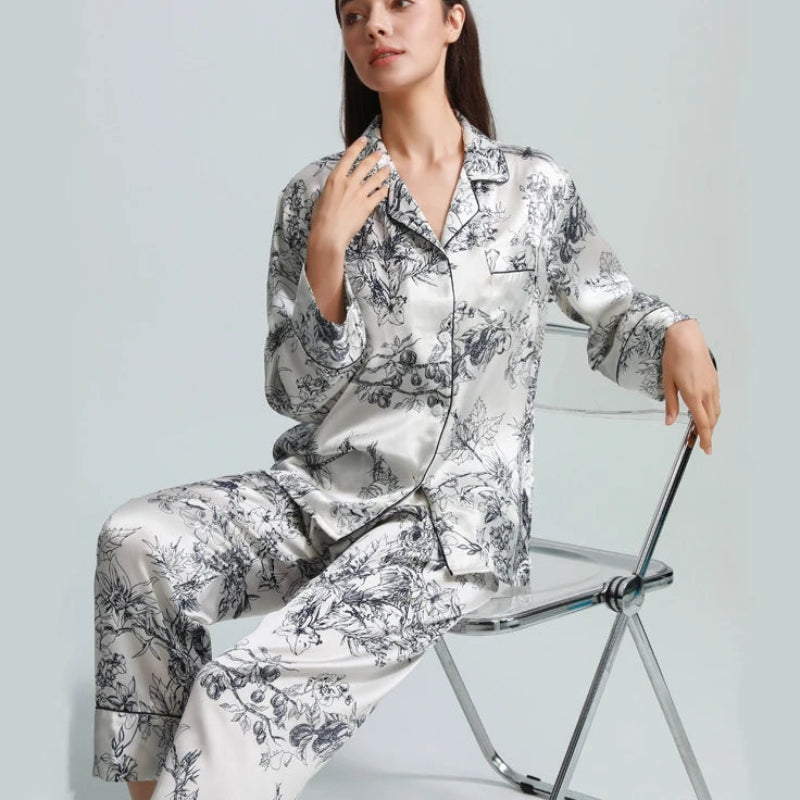 Silk Pajamas Printed Female Summer Long-sleeved Home Suit