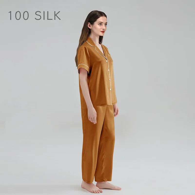 Silk Pajamas - Premium 100% Silk Sleepwear Short Sleeve & Long Pants