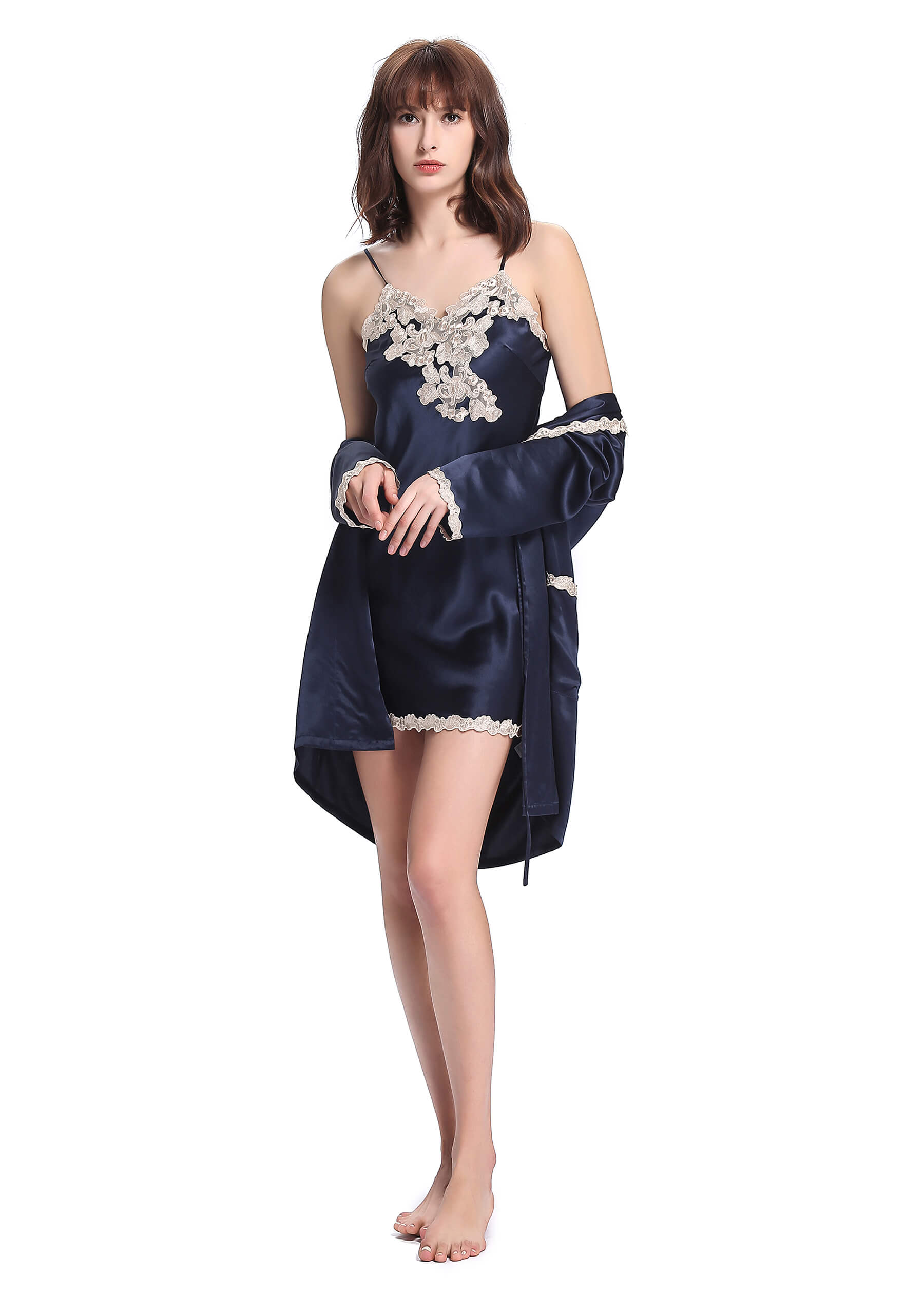 Silk Nightgown & Robe Set With Delicate Lace